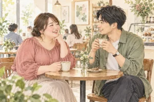 ぽっちゃり体型の女性と男性がカフェで会話するイラスト