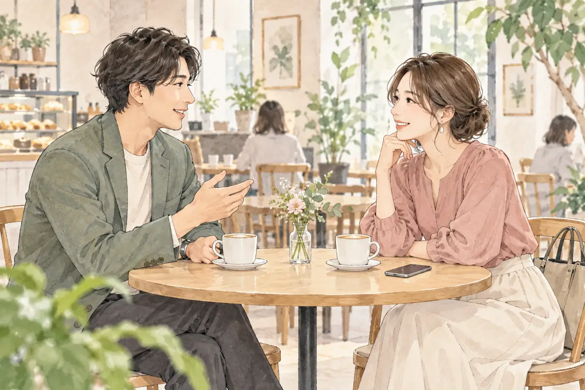 カフェで会話を楽しむ大人の男女のイラスト