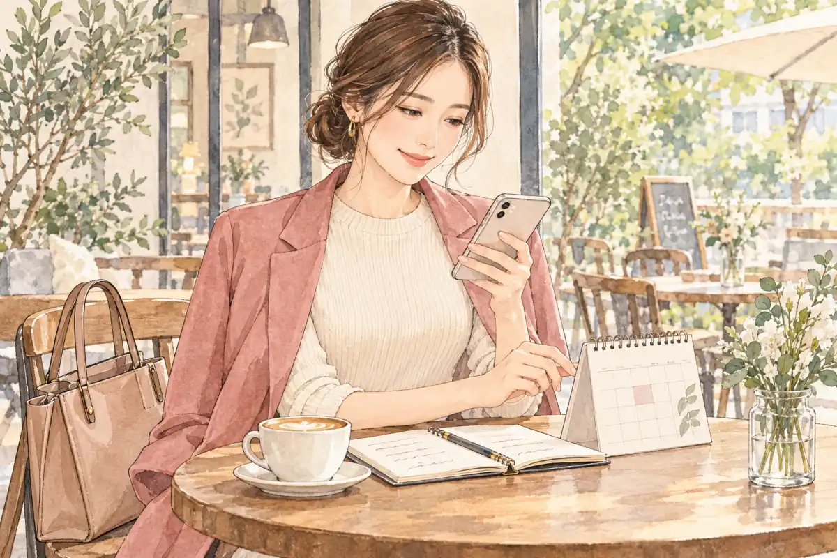 食事の予定を確認する女性のイラスト