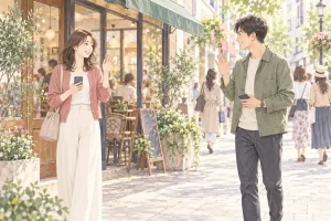 カフェの入口で待ち合わせる大人の男女のイラスト