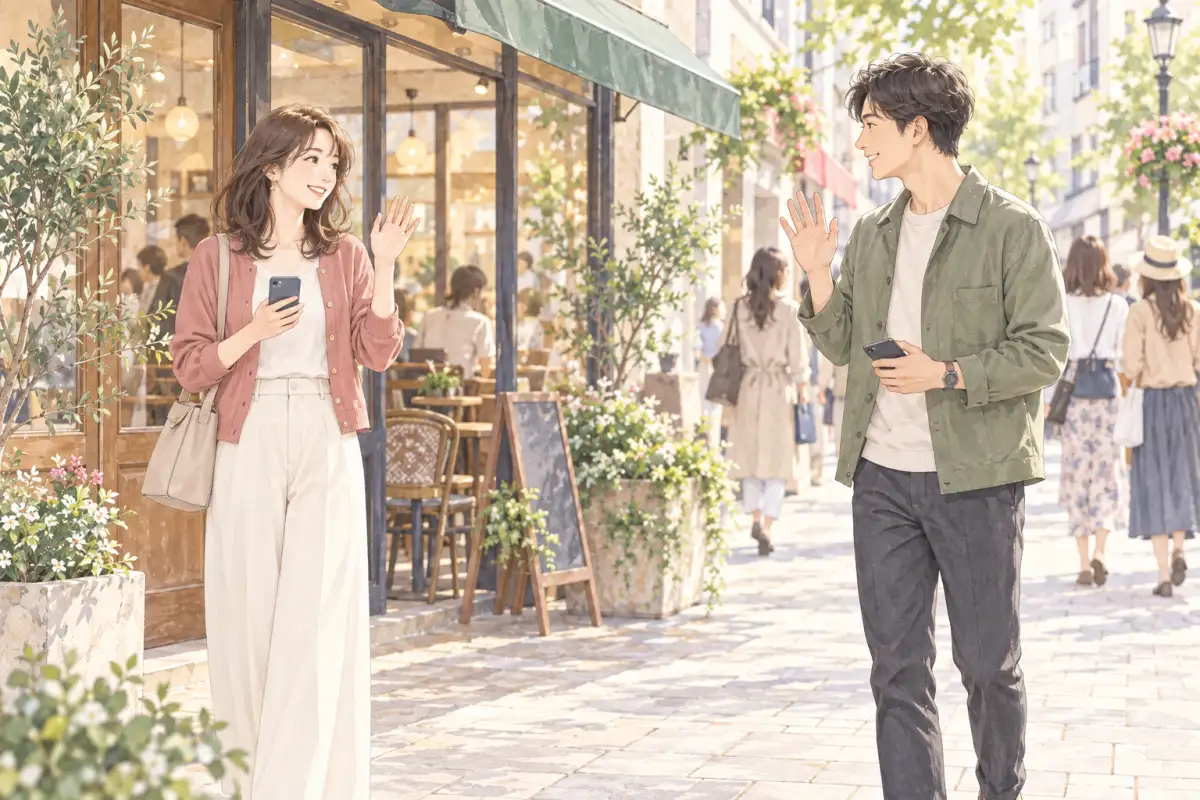 カフェの入口で待ち合わせる大人の男女のイラスト